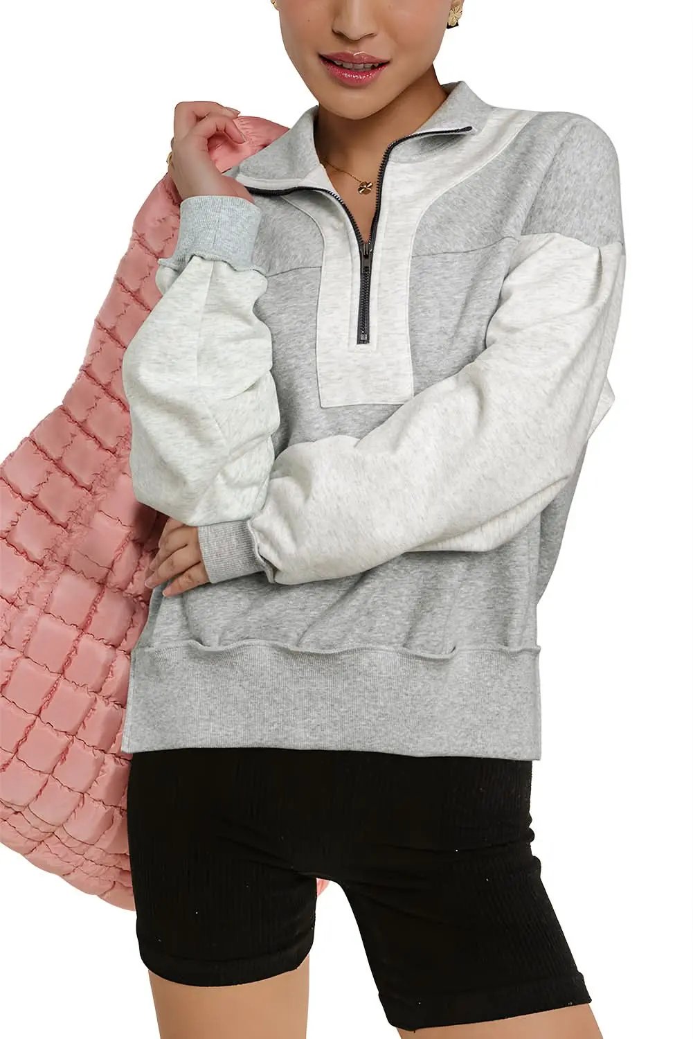 Gray Half Zipper Collared Drop Shoulder Side Slits Sweatshirt - Love Salve 