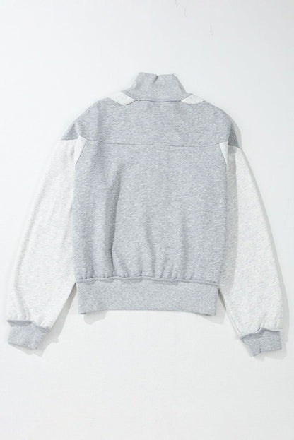 Gray Half Zipper Collared Drop Shoulder Side Slits Sweatshirt - Love Salve 