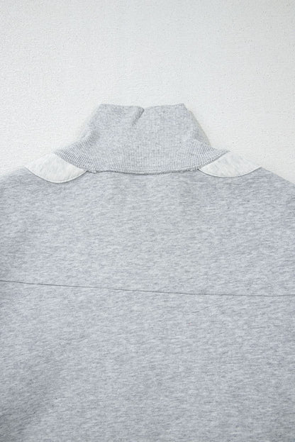 Gray Half Zipper Collared Drop Shoulder Side Slits Sweatshirt - Love Salve 