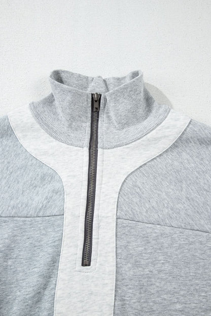 Gray Half Zipper Collared Drop Shoulder Side Slits Sweatshirt - Love Salve 