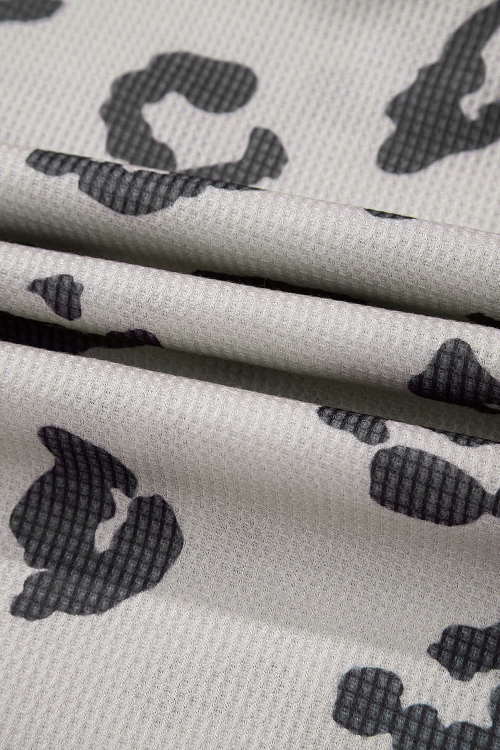 Gray Printed Leopard Balloon Sleeve Thermal Knit Plus Size Top - Love Salve 