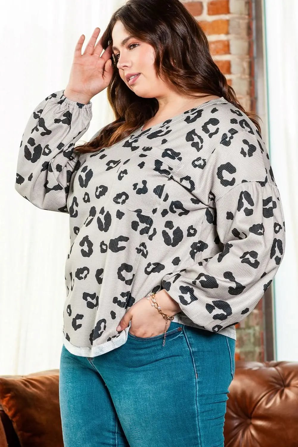 Gray Printed Leopard Balloon Sleeve Thermal Knit Plus Size Top - Love Salve 