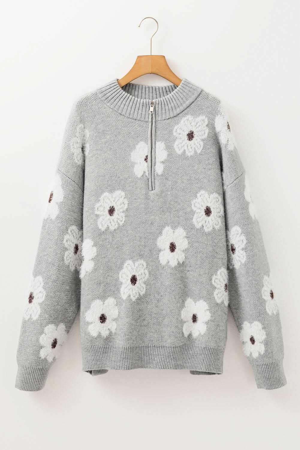 Gray floral embroidered plus size sweater - Love Salve 