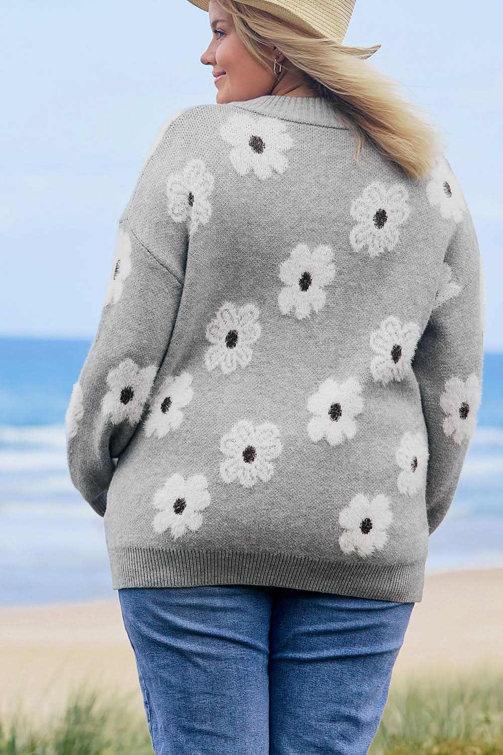 Gray floral embroidered plus size sweater - Love Salve 