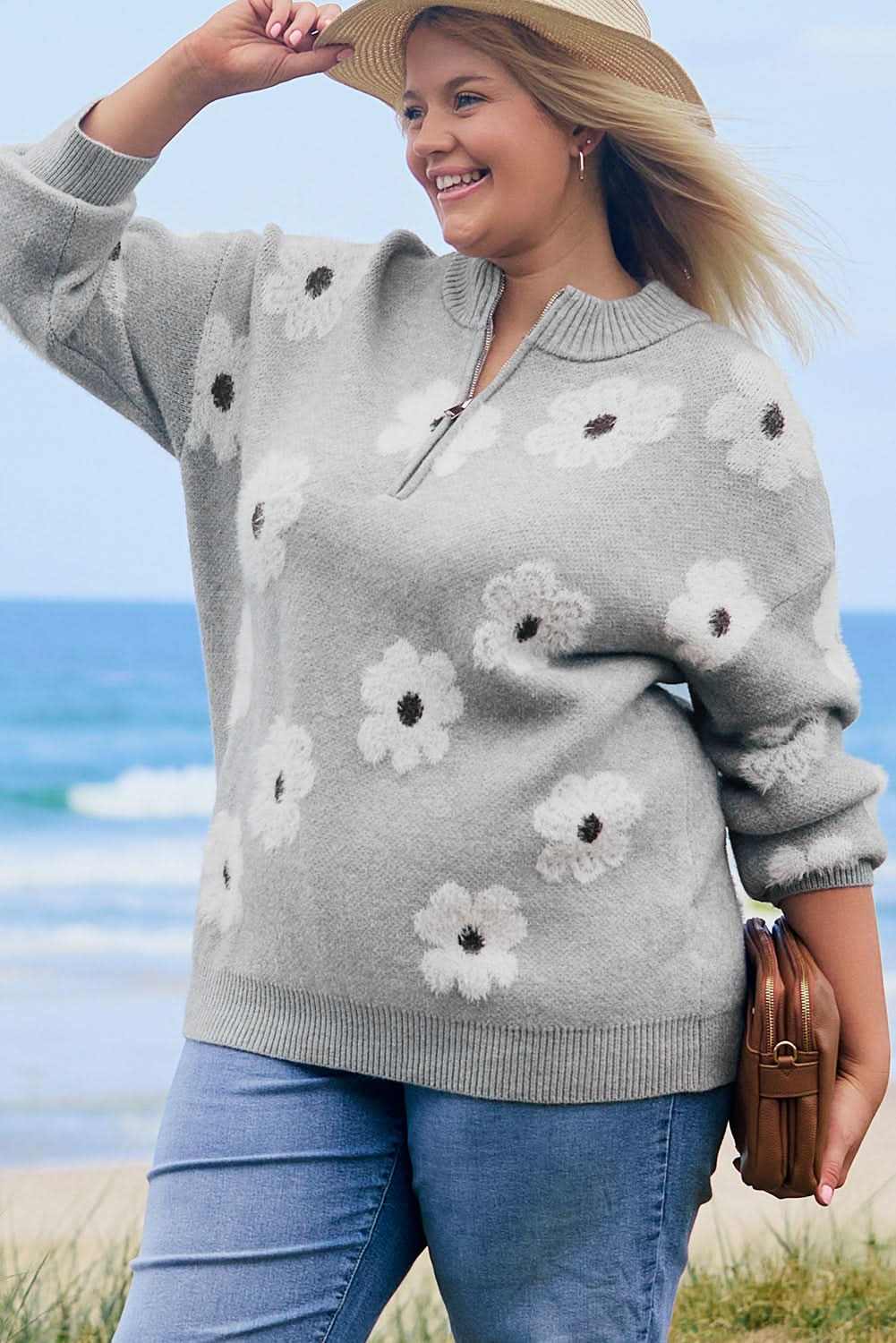 Gray floral embroidered plus size sweater - Love Salve 