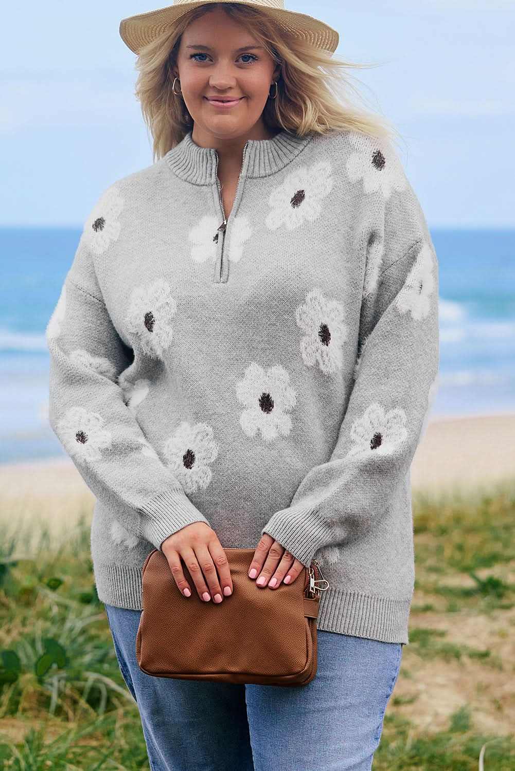 Gray floral embroidered plus size sweater - Love Salve 