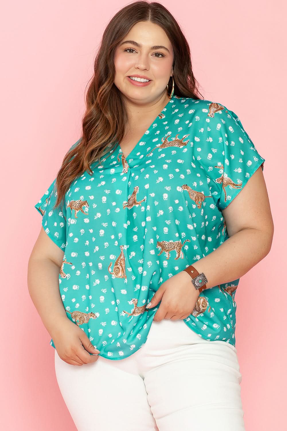 Green Cheetah Print V Neck Short Sleeve Plus Top - Love Salve 