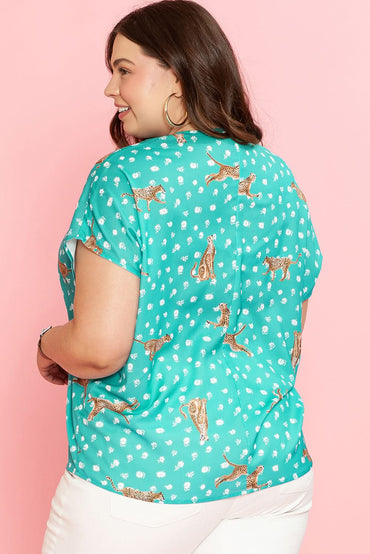 Green Cheetah Print V Neck Short Sleeve Plus Top - Love Salve 