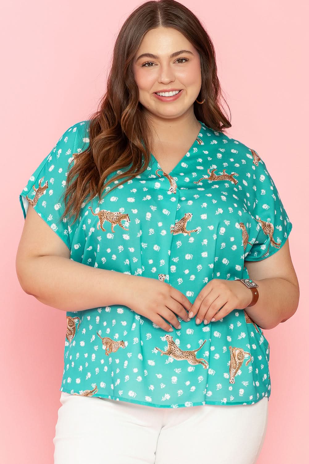 Green Cheetah Print V Neck Short Sleeve Plus Top - Love Salve 