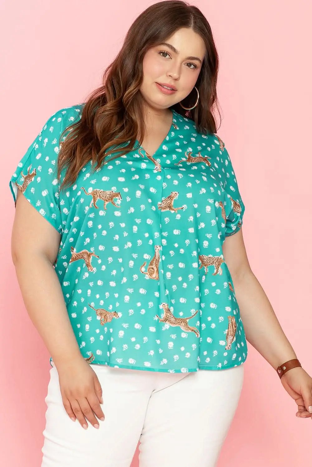 Green Cheetah Print V Neck Short Sleeve Plus Top - Love Salve 
