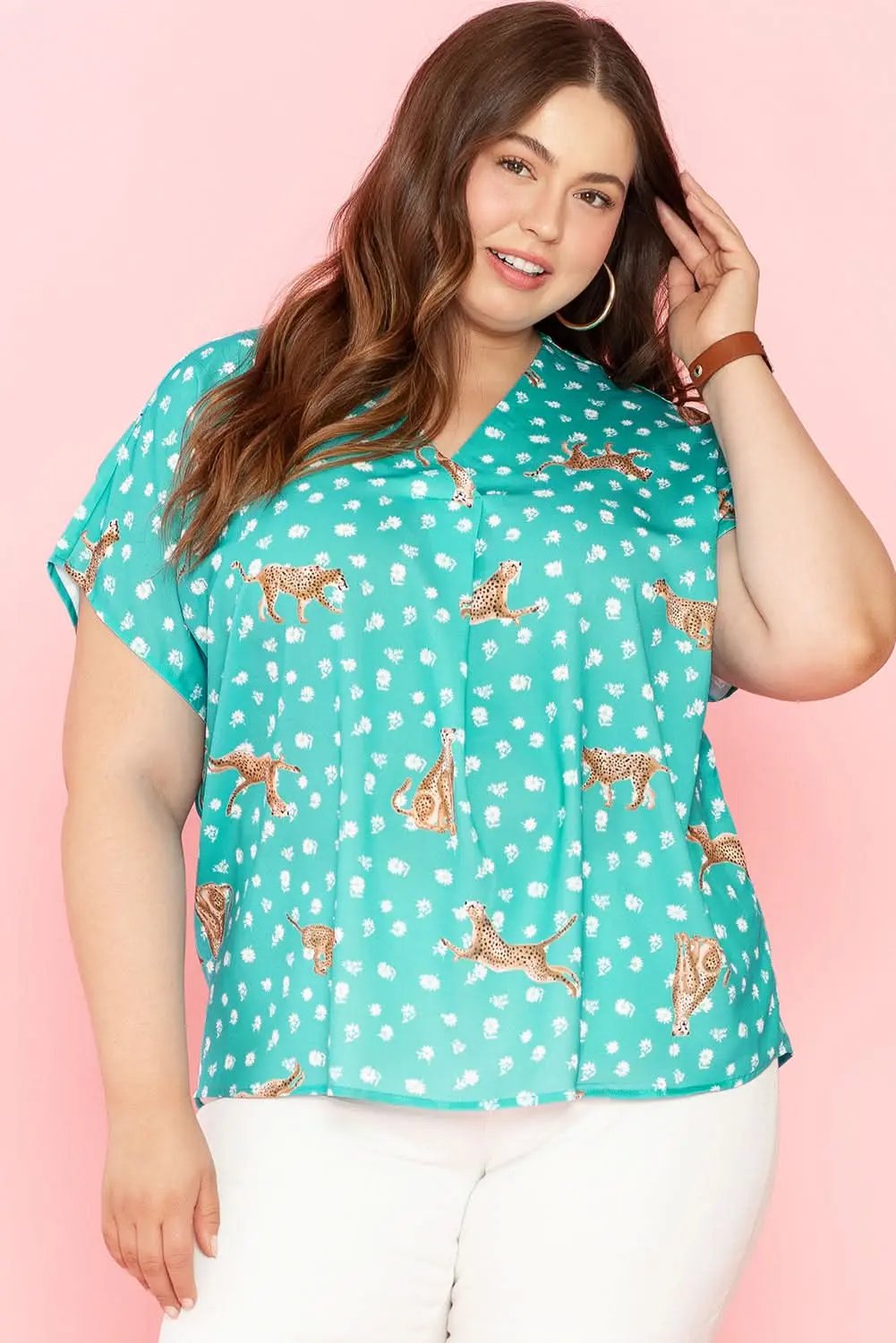 Green Cheetah Print V Neck Short Sleeve Plus Top - Love Salve 