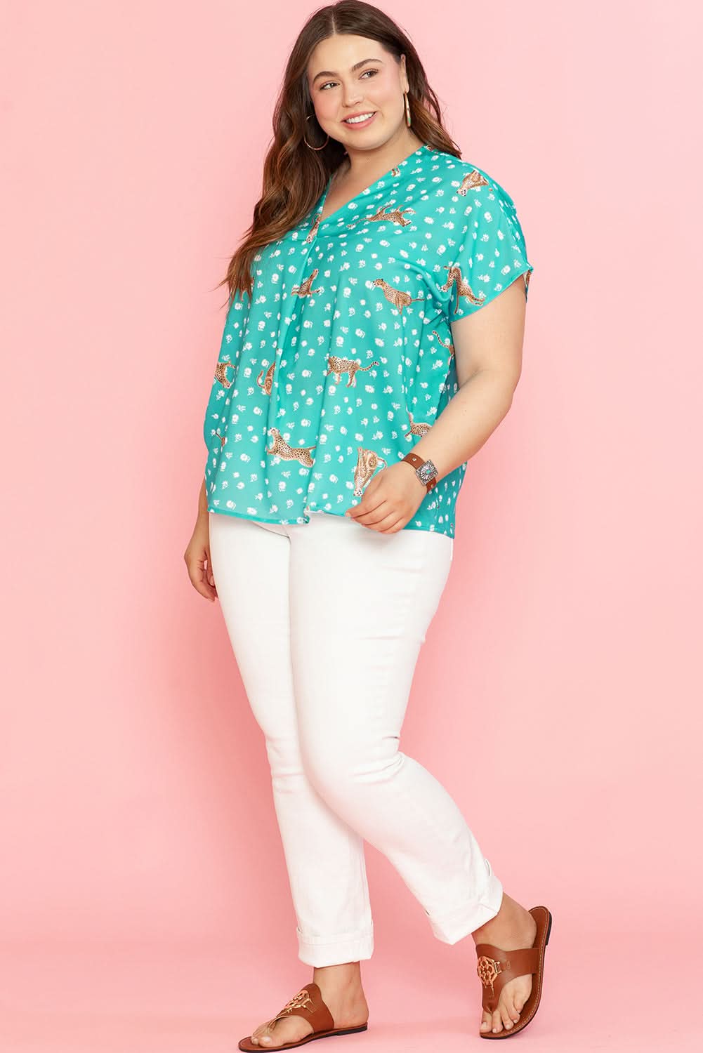 Green Cheetah Print V Neck Short Sleeve Plus Top - Love Salve 