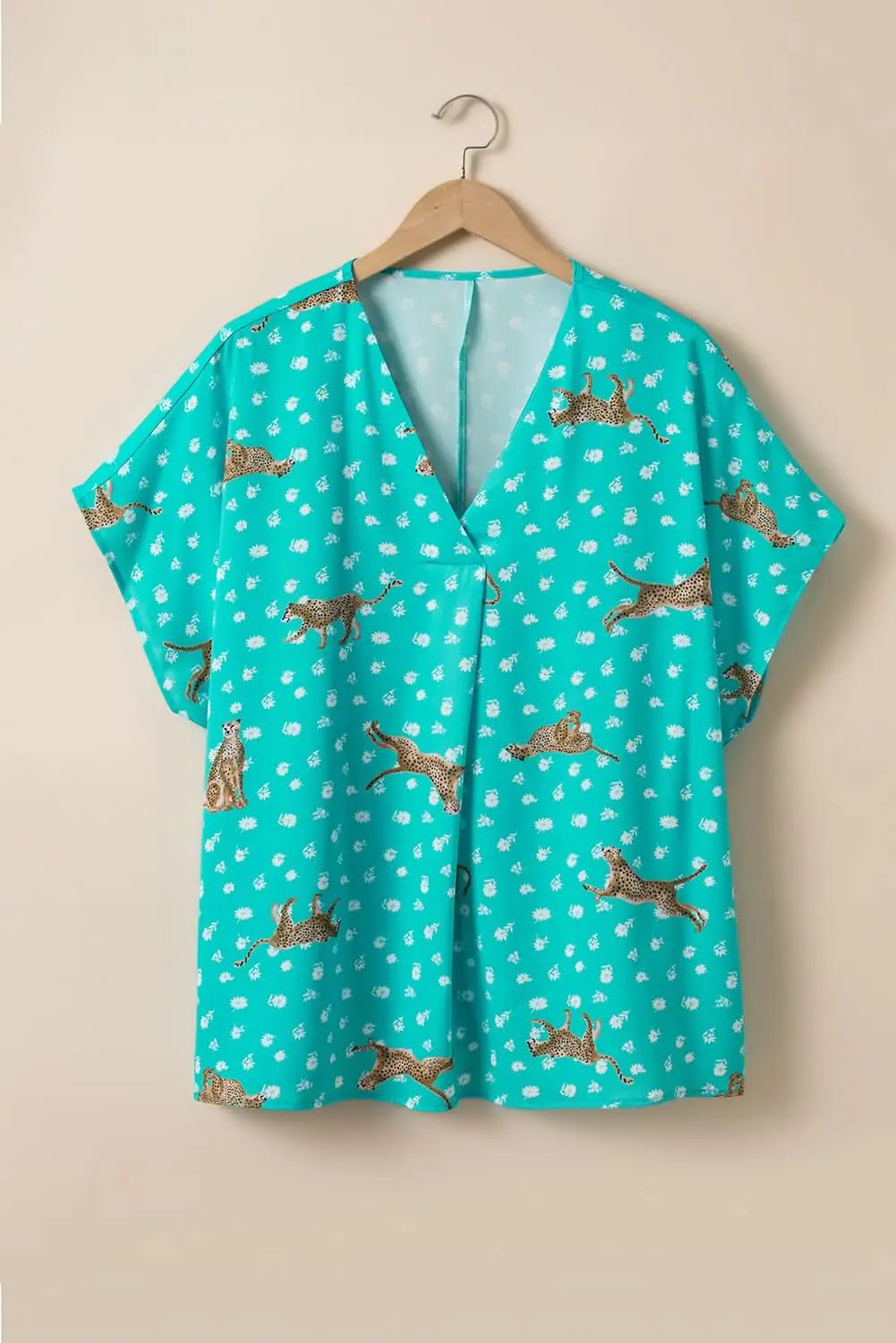 Green Cheetah Print V Neck Short Sleeve Plus Top - Love Salve 