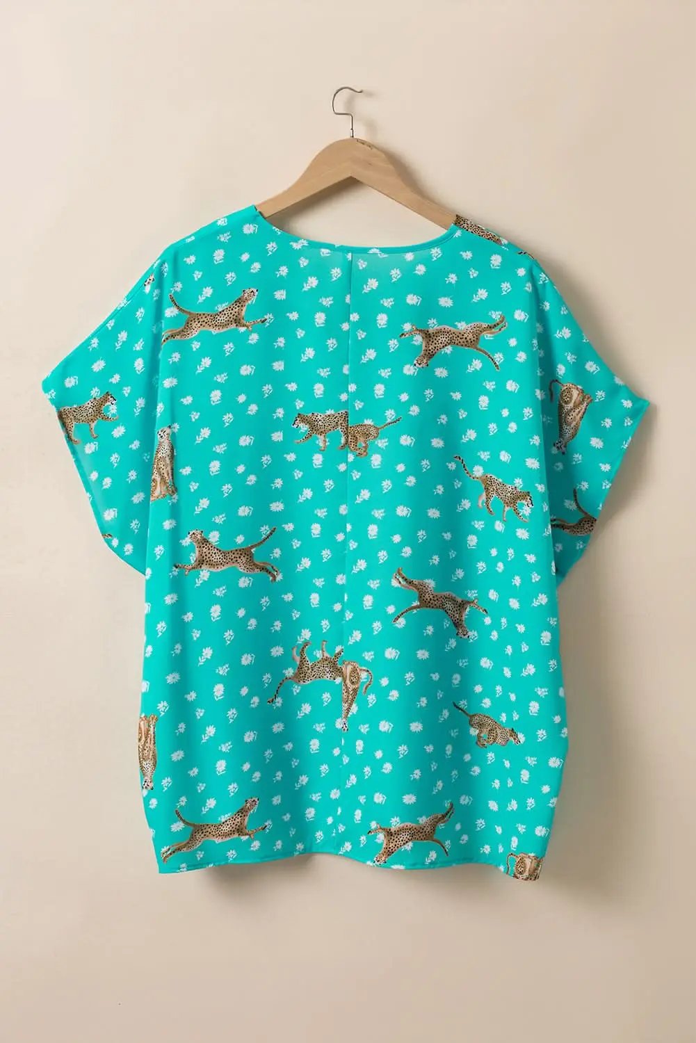 Green Cheetah Print V Neck Short Sleeve Plus Top - Love Salve 