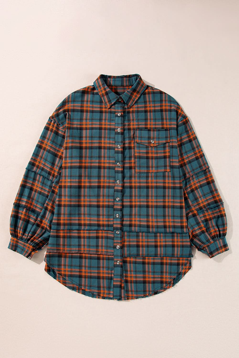 Green Plaid Long Sleeeve Side Split Distressed Hem Shirt - Love Salve 