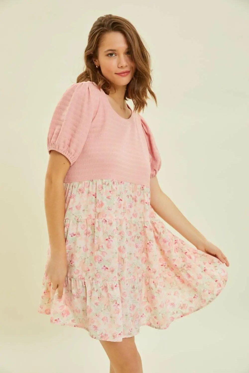 HEYSON Full Size Round Neck Floral Ruffle Hem Mini Dress - Love Salve 