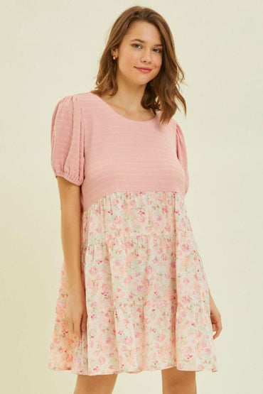 HEYSON Full Size Round Neck Floral Ruffle Hem Mini Dress - Love Salve 