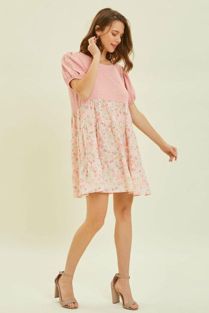 HEYSON Full Size Round Neck Floral Ruffle Hem Mini Dress - Love Salve 