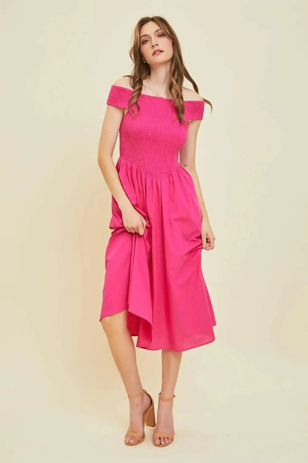 HEYSON Off-Shoulder Smocked Midi Dress - Love Salve 