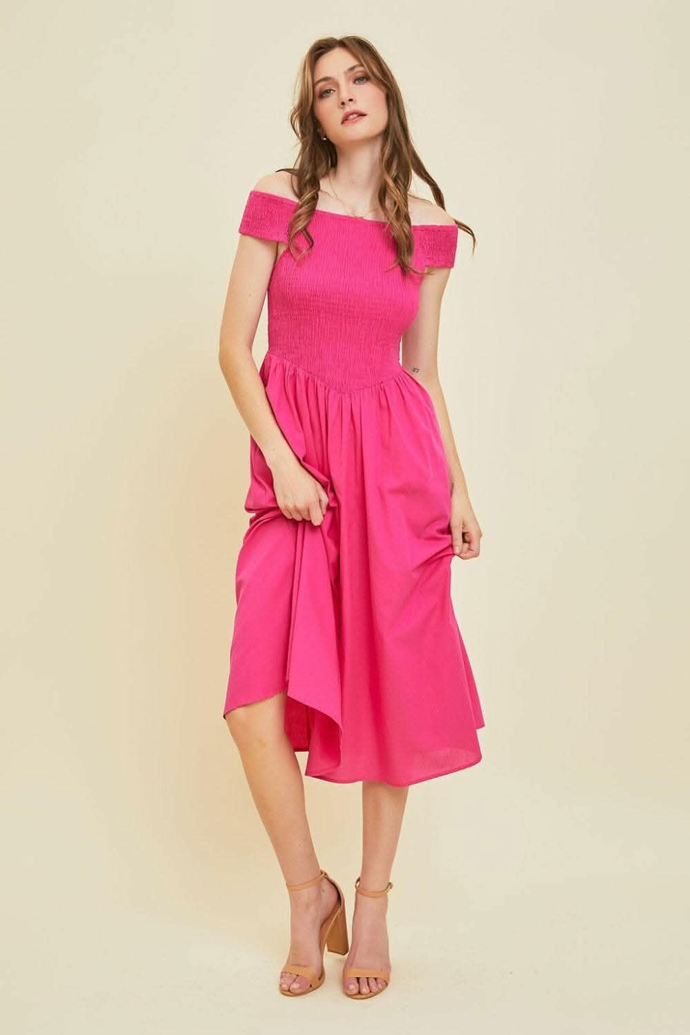 HEYSON Off-Shoulder Smocked Midi Dress - Love Salve 