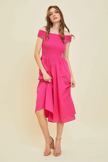 HEYSON Off-Shoulder Smocked Midi Dress - Love Salve 