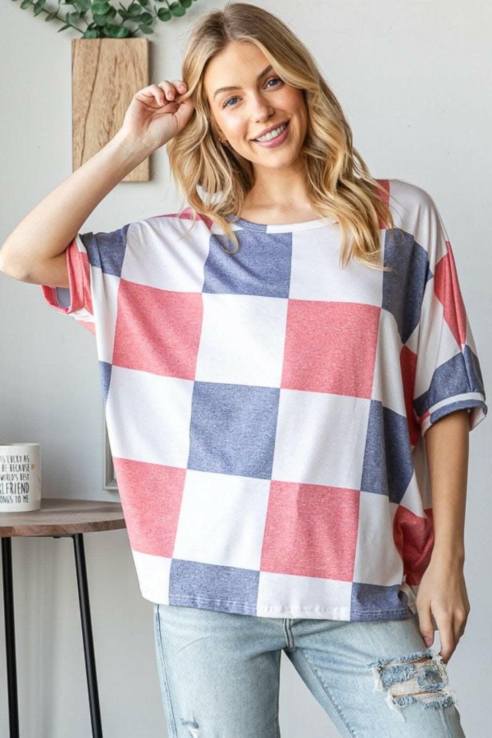 HOPELY Checkered Round Neck Half Sleeve T-Shirt 