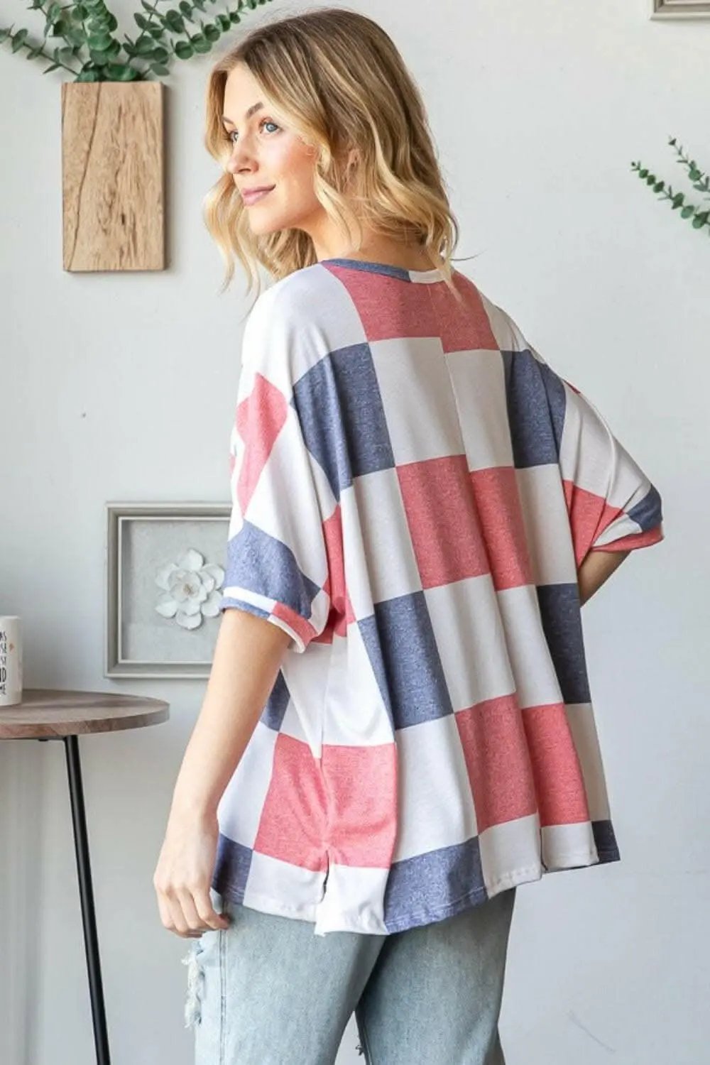 HOPELY Checkered Round Neck Half Sleeve T-Shirt - Love Salve 