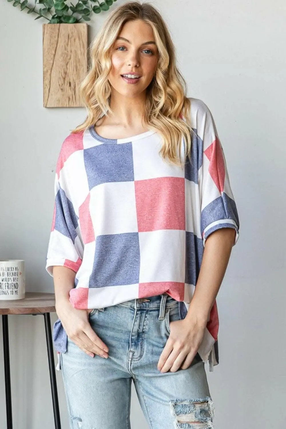 HOPELY Checkered Round Neck Half Sleeve T-Shirt - Love Salve 