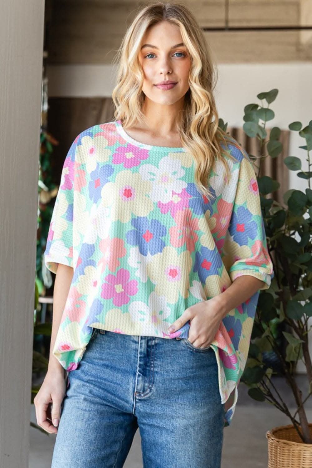 HOPELY Floral Waffle Oversized T-Shirt 