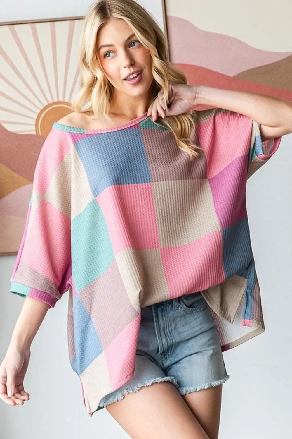 HOPELY Full Size Checkered Round Neck Side Slit T-Shirt - Love Salve 