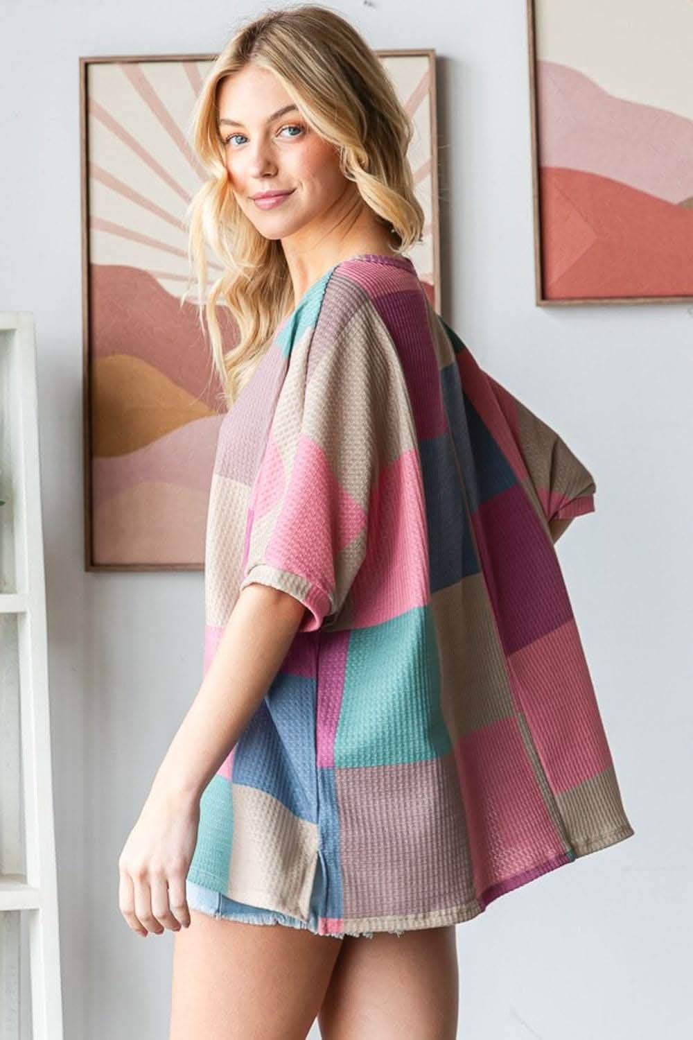 HOPELY Full Size Checkered Round Neck Side Slit T-Shirt - Love Salve 