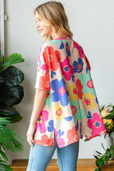 HOPELY Full Size Floral V-Neck Side Slit T-Shirt - Love Salve 