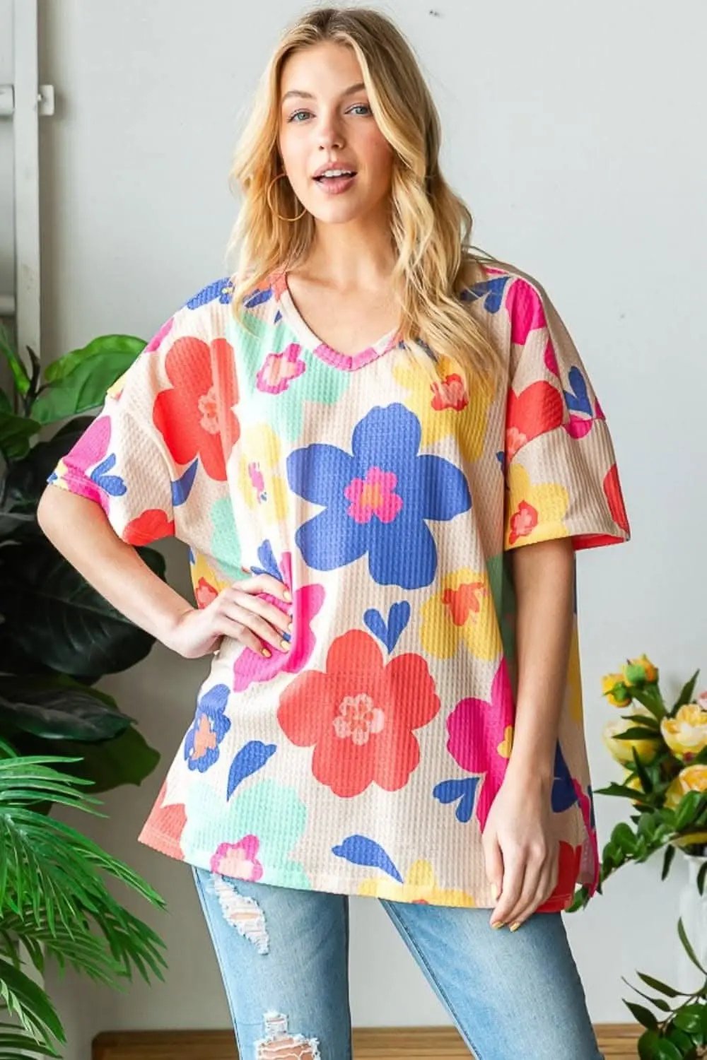 HOPELY Full Size Floral V-Neck Side Slit T-Shirt - Love Salve 