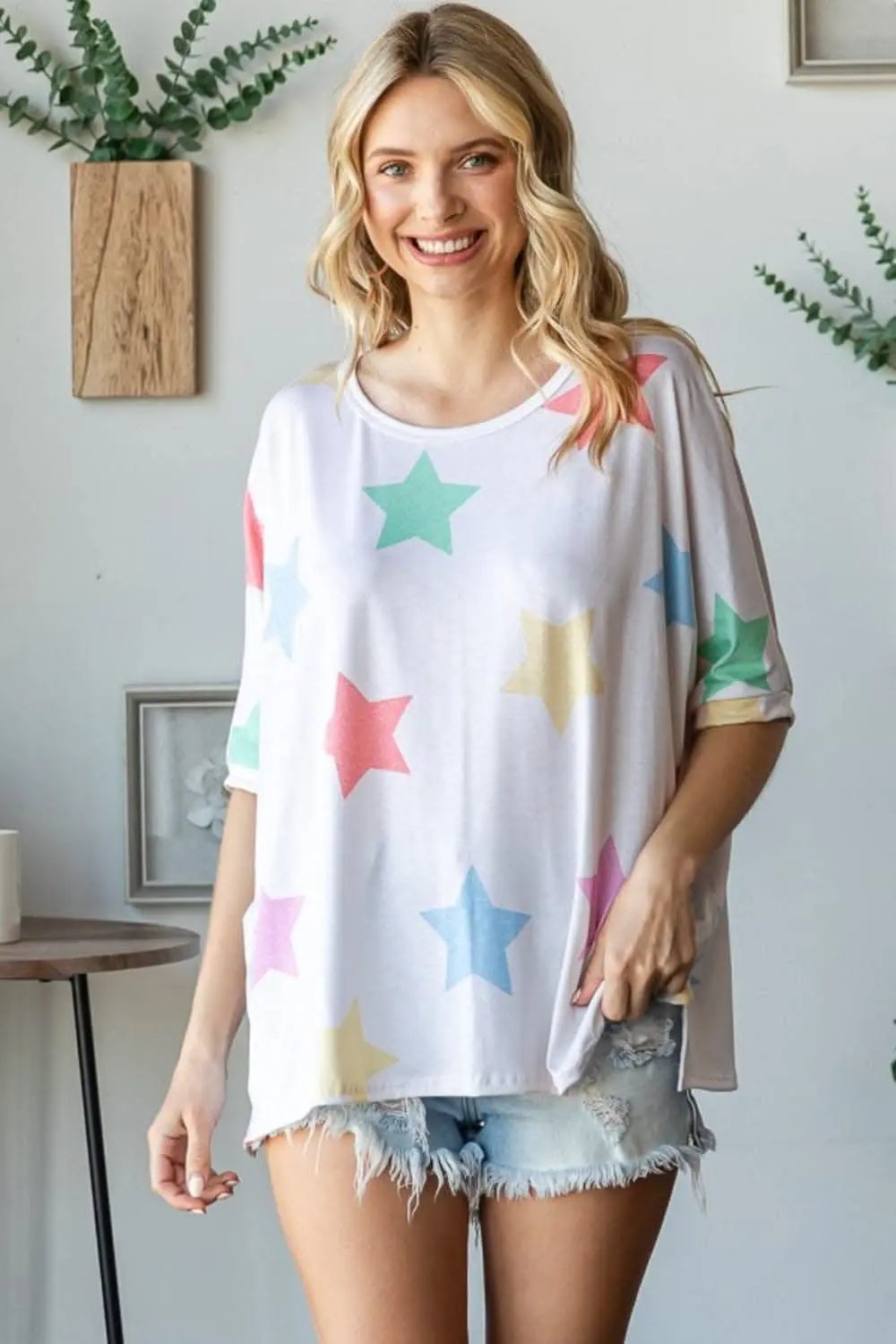 HOPELY Full Size Multi Colored Star Print T-Shirt - Love Salve 
