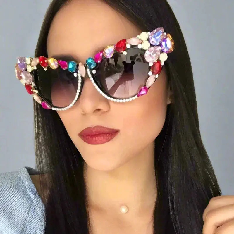 Hand Designed Bejeweled Sunglasses in Oversized Cat Eye Style - Love Salve 