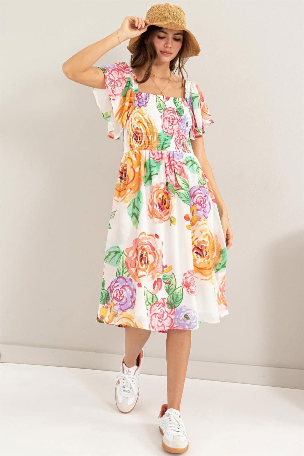 HYFVE Floral Flutter Sleeve Smocked Dress for Elegance - Love Salve 