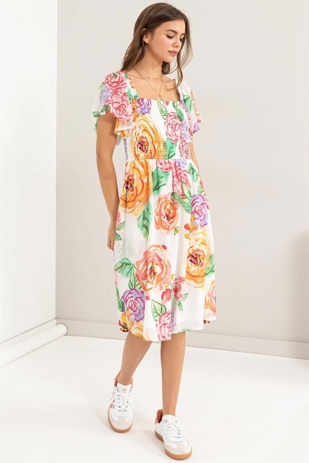 HYFVE Floral Flutter Sleeve Smocked Dress for Elegance - Love Salve 