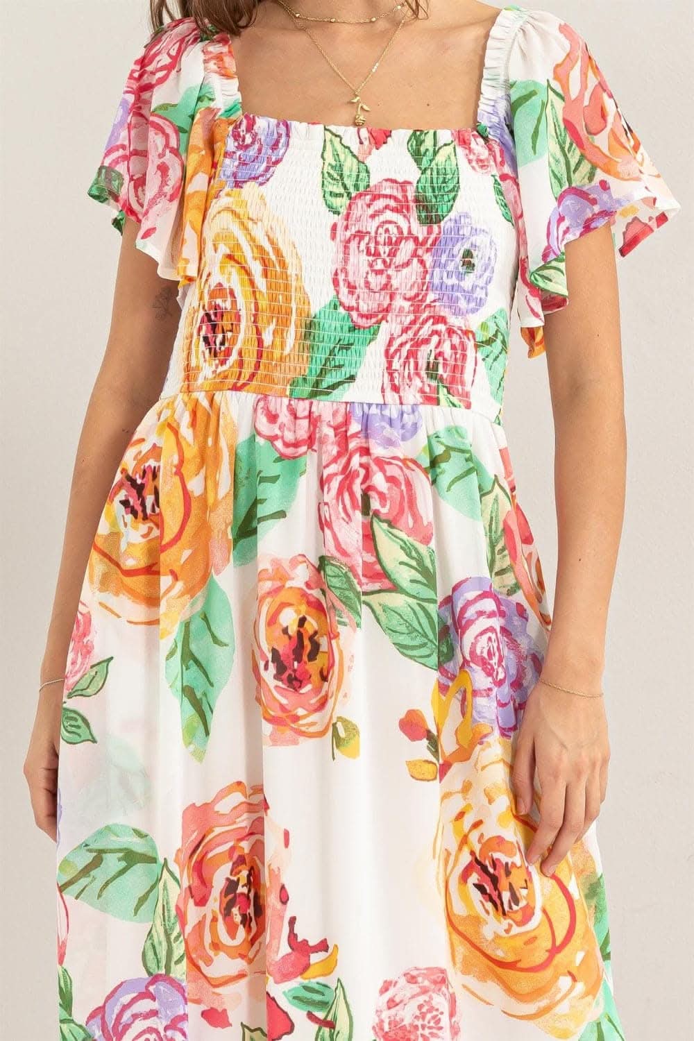 HYFVE Floral Flutter Sleeve Smocked Dress for Elegance - Love Salve 