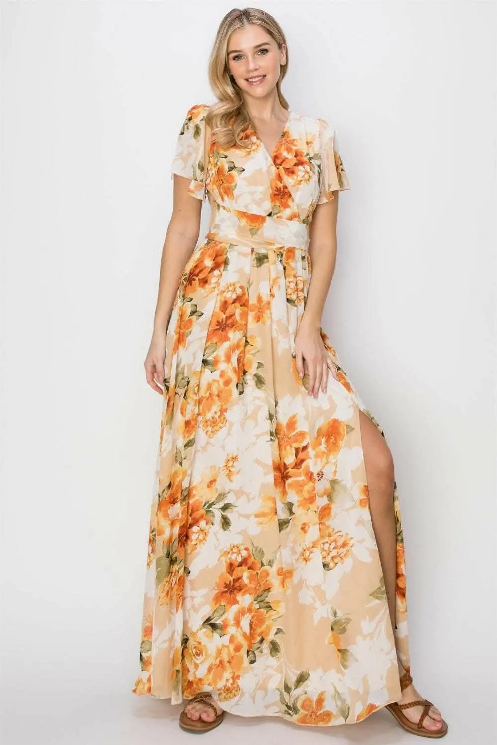 HYFVE Floral Tie Back Short Sleeve Slit Maxi Dress - Love Salve 