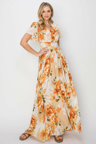 HYFVE Floral Tie Back Short Sleeve Slit Maxi Dress - Love Salve 