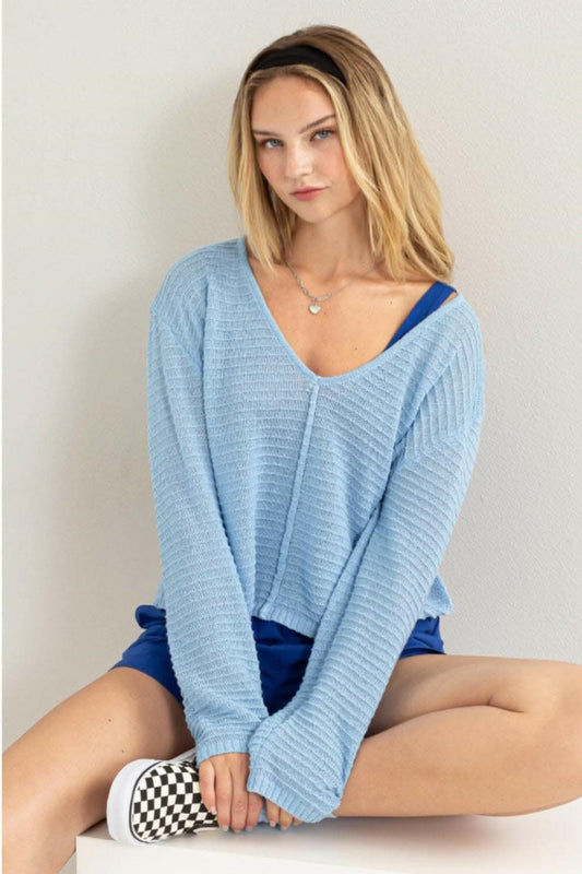 HYFVE V-Neck Stripe Texture Long Sleeve Top - Love Salve 