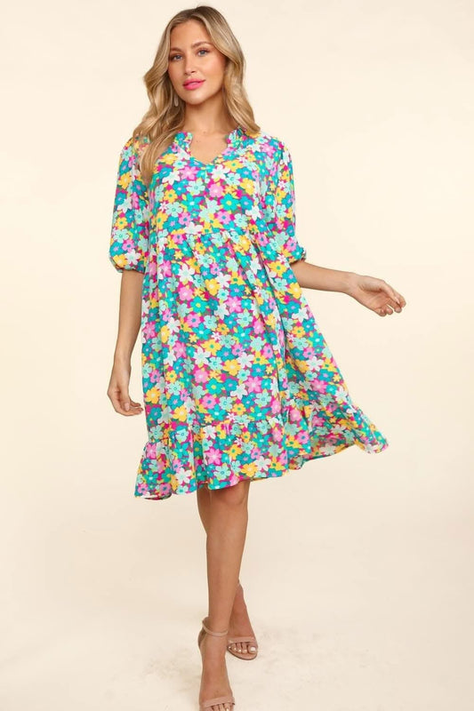 Haptics Bubble Sleeve Floral Ruffled Dress for Effortless Charm - Love Salve 