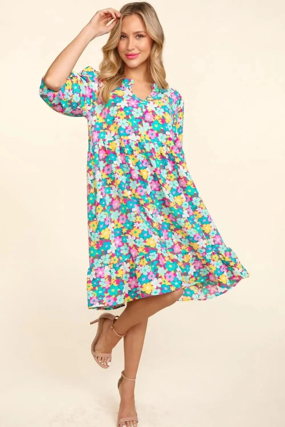 Haptics Bubble Sleeve Floral Ruffled Dress for Effortless Charm - Love Salve 