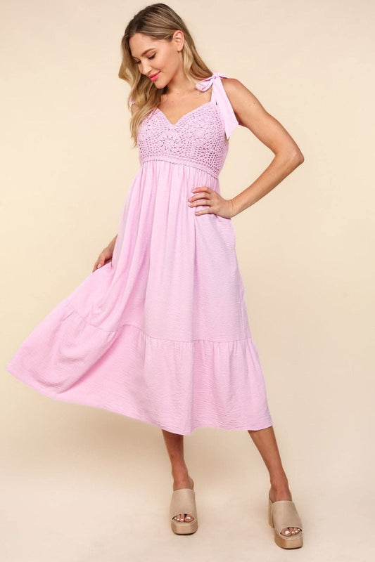 Haptics Crochet Lace Midi Dress with Ruffle Hem and Pockets - Love Salve 