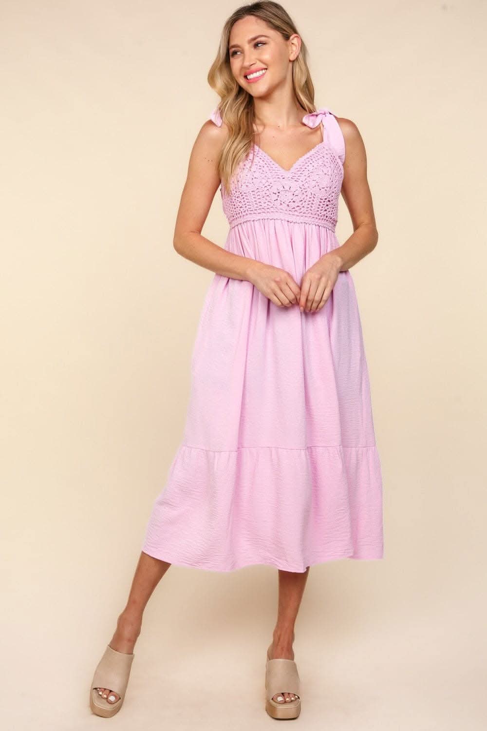 Haptics Crochet Lace Midi Dress with Ruffle Hem and Pockets - Love Salve 