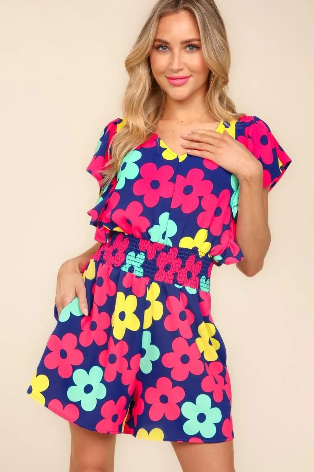 Haptics Floral Smocked Waist Romper with Side Pockets - Love Salve 