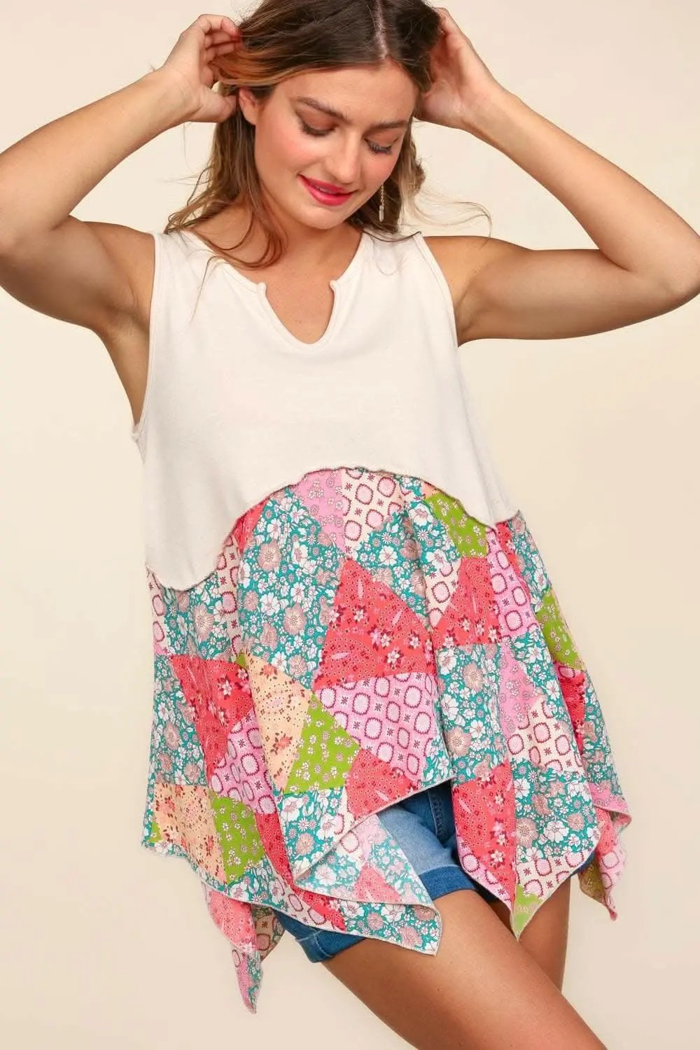 Haptics Full Size Patchwork Shark Bite Color Block Tank - Love Salve 