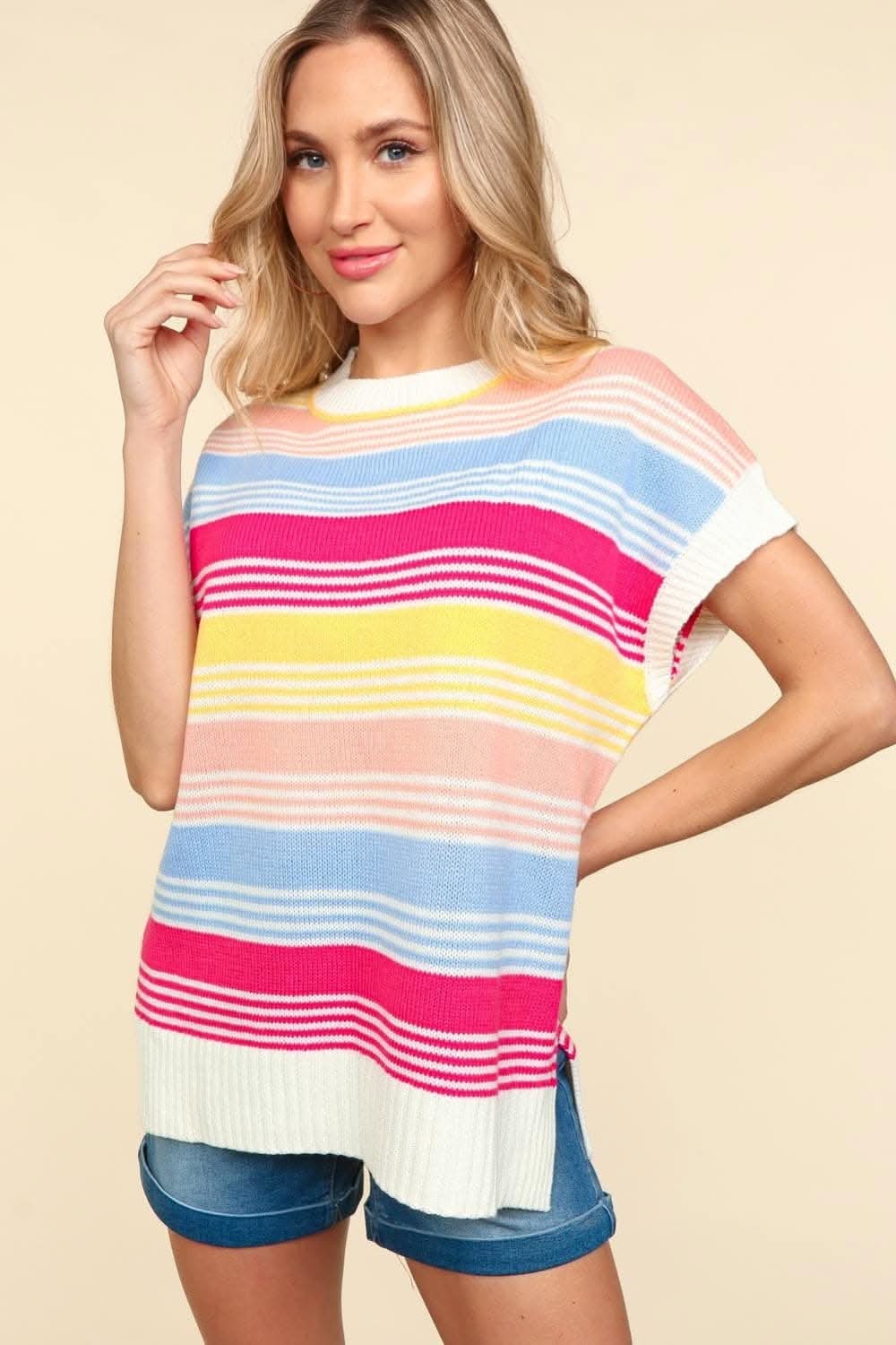Haptics Striped Side Slit Short Sleeve Knit Top - Love Salve 