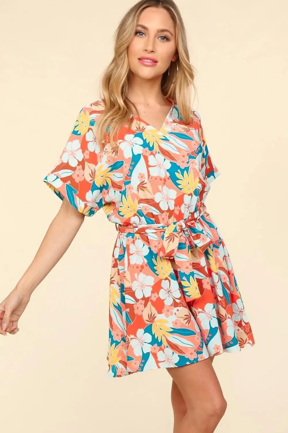 Haptics Tropical Floral Short Sleeve Tied Romper - Love Salve 