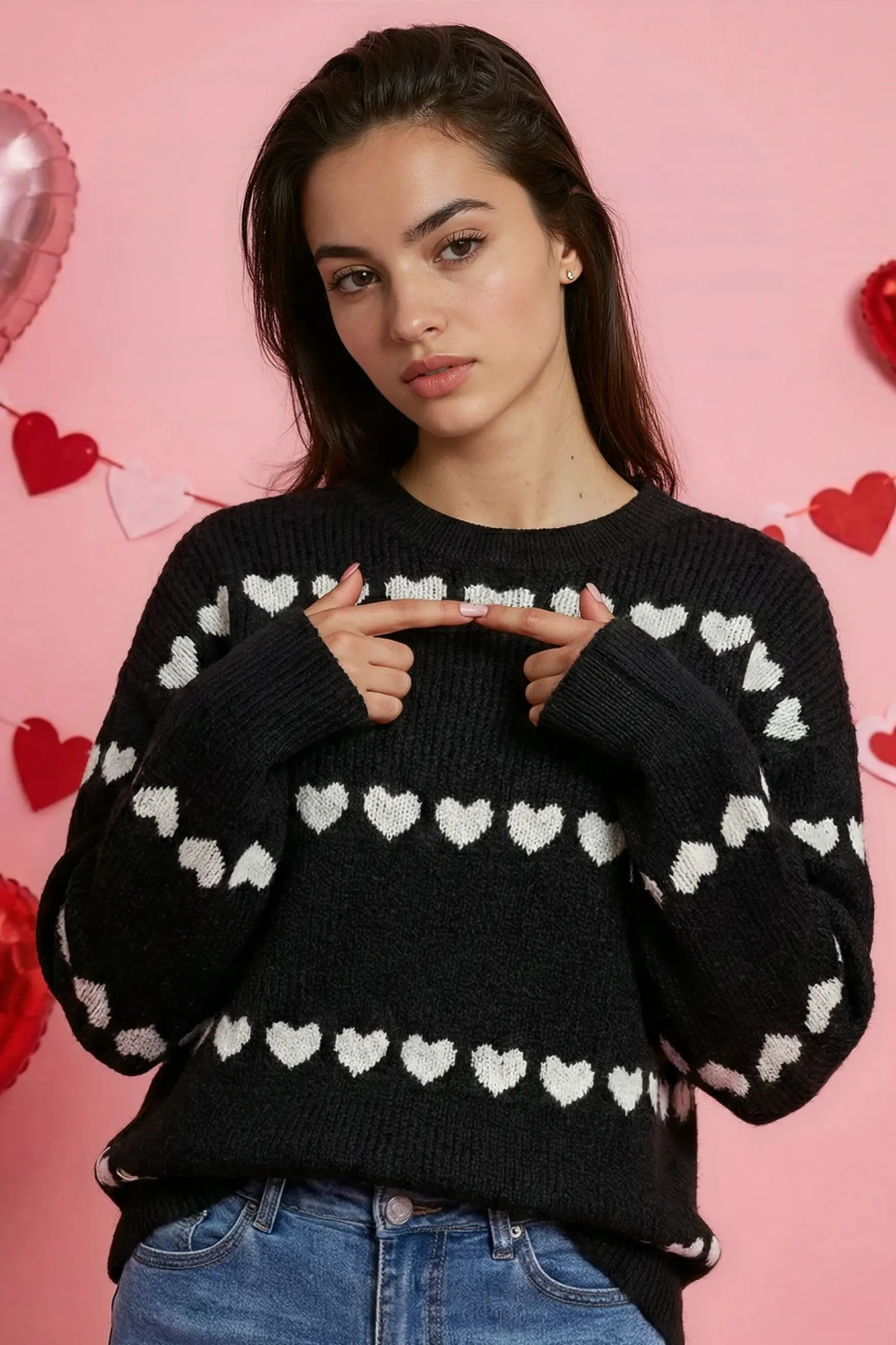 Heart Motif Knit Sweater With Rows Of Hearts In Relaxed Fit Miss Sparkling